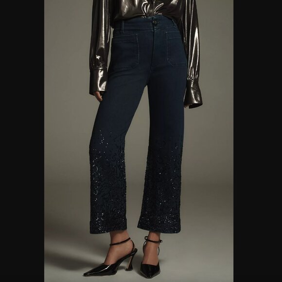 ANTHROPOLOGIE Cropped High-Rise Wide-Leg Jeans by Maeve: Sequin Sparkle Edition - Picture 2 of 6